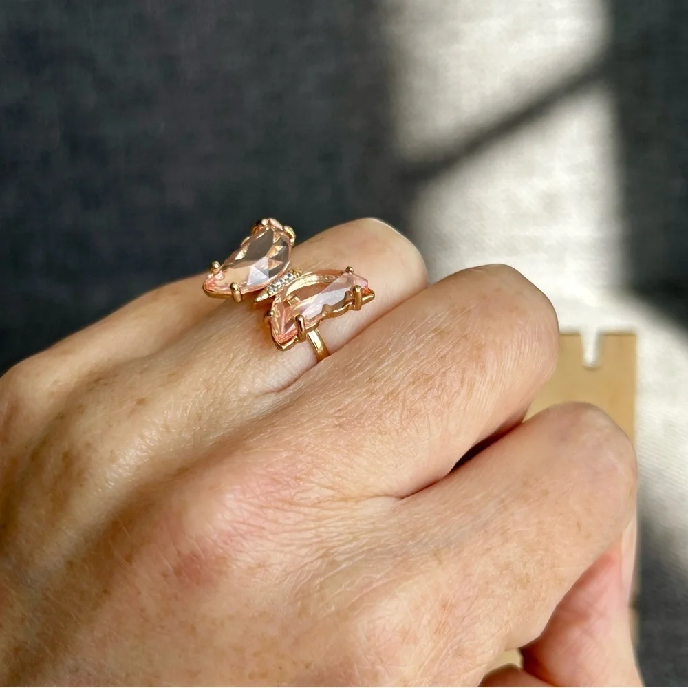 Pretty BLUSH PINK Butterfly Gemstone Fashion Ring, Gold, Adjustable
